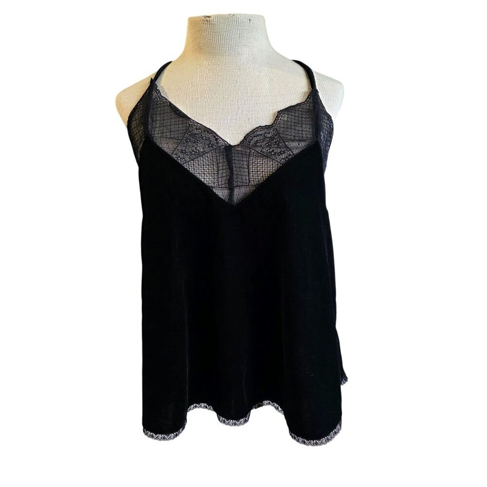 Storia Velvet Camisole Top Womens Small  Black Lace Spaghetti Strap Tank